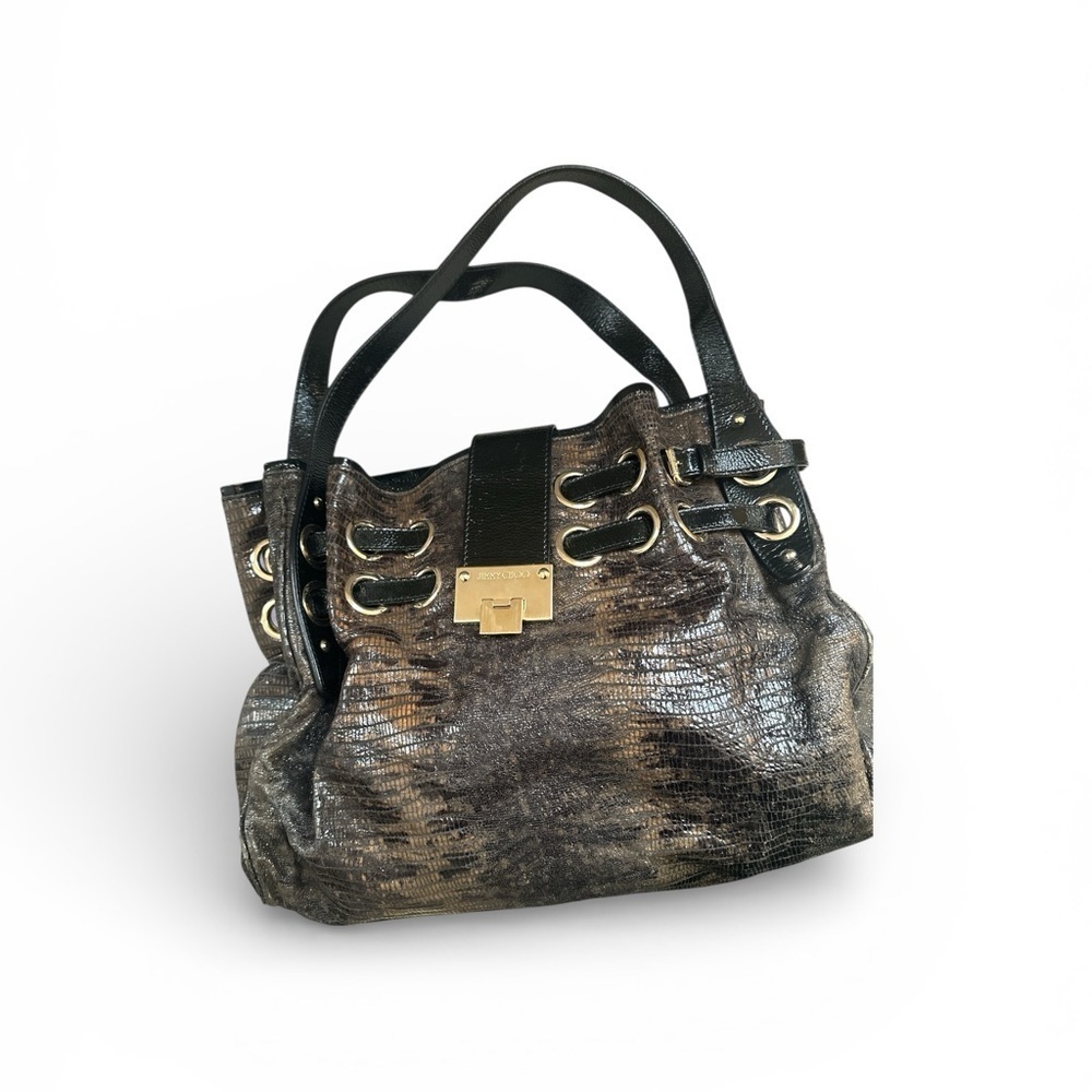Jimmy Choo Riki Embossed Leather Shoulder Bag Metallic Hobo Tote